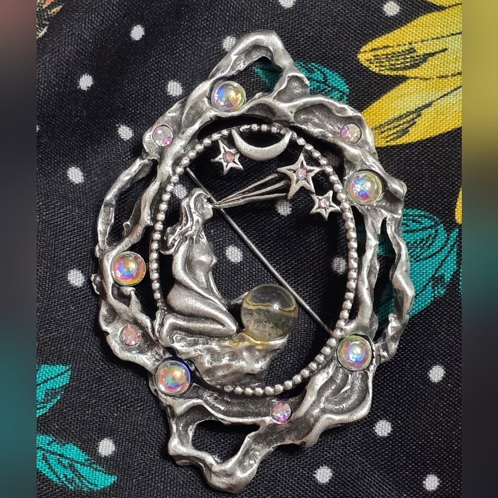 Vintage JJ Jonette Silver Tone Celestial Lady Brooch with Stars and Moon